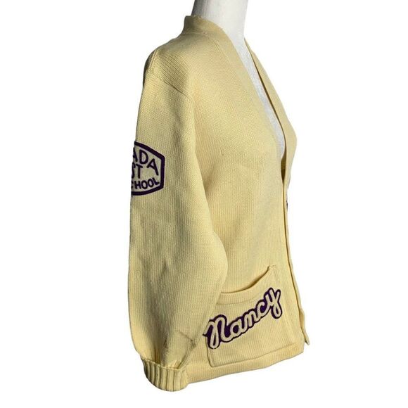 Vintage 70s Cardigan Varsity Sweater S Cream Wool Blend Pockets High School Band - Picture 12 of 12